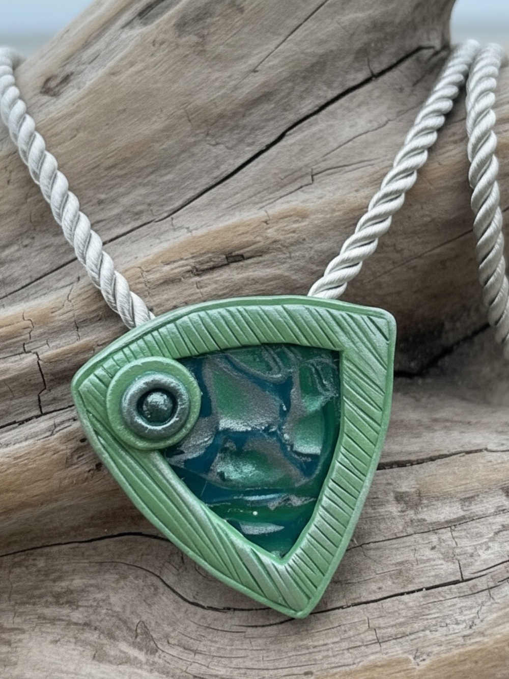 Handmade Blue Green & Silver Polymer Clay Pendant Necklace on Silk Cord SS Clasp